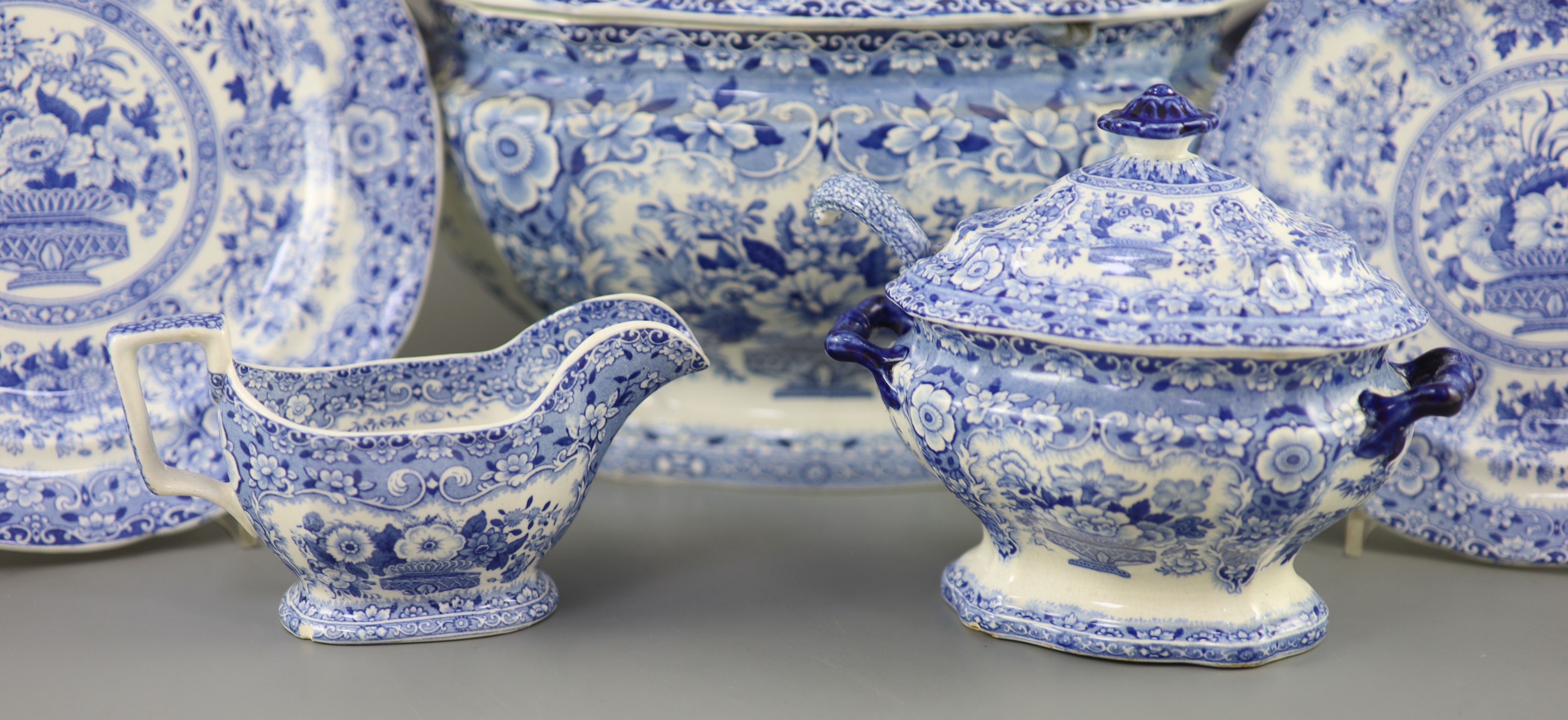 An extensive Minton filigree pattern blue and white dinner service, c.1830,